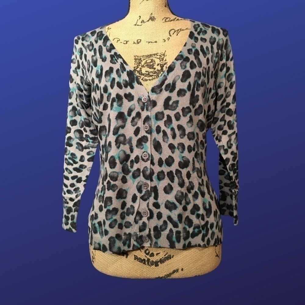 New York & Company NWT Spring Summer Cardigan, Turquoise/Black LEOPARD, XL
